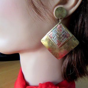 Brass, copper & silver toned basketweave earrings